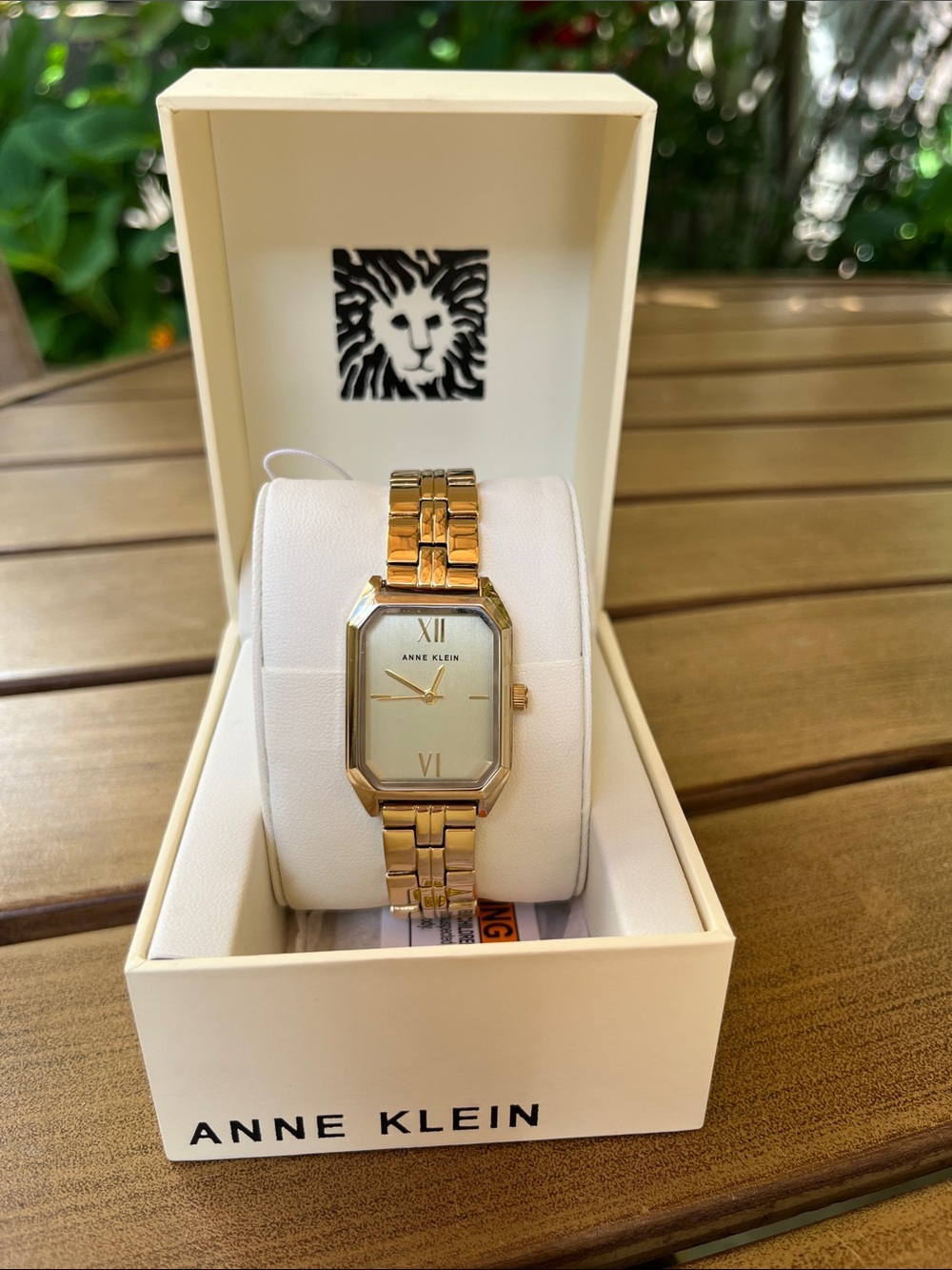 Anne Klein Gold Tone Rectangular Bracelet Watch with White Dial